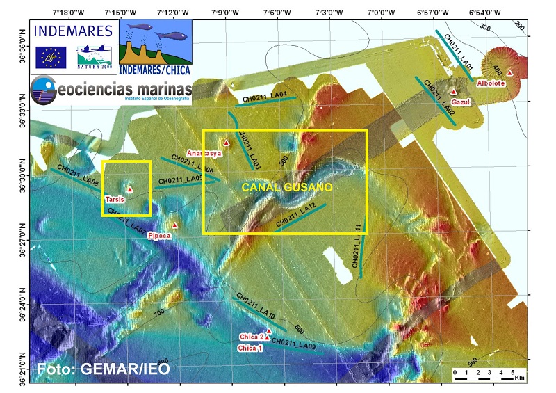 Esquema con la situación del Canal Gusano y los volcanes de fango que visitamos en el día de hoy. El fondo de la figura corresponde a la batimetría levantada con multihaz (las mayores profundidades en azul y las menores en tonos rojizos) ©GEMAR/IEO